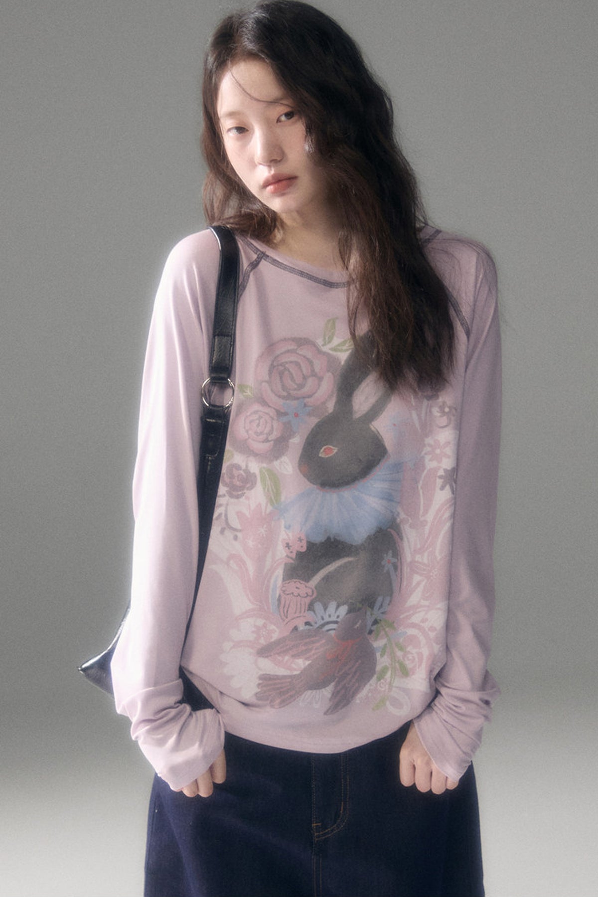 Bunny Print Tencel Long-Sleeved T-Shirt and Pants Set-Up
