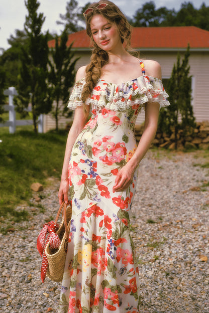 Floral Ruffled Elastic Mesh Long Dress