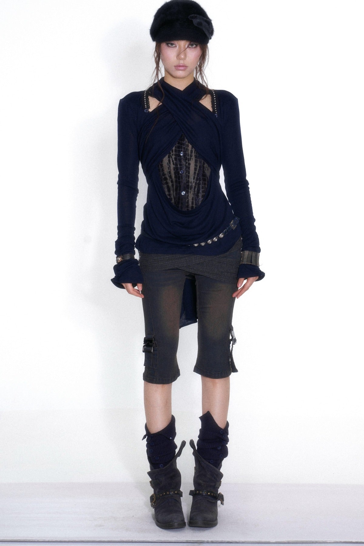 Cross-Neck Tencel Knit Mesh Spliced Long-Sleeved Top