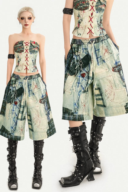 Patchwork Plaid Wide-Leg Pants