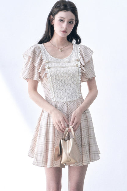 Knitted Patchwork Plaid Flutter-Sleeve Dress