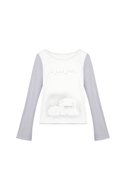 T-shirt a maniche lunghe con stampa di gattino assonnato