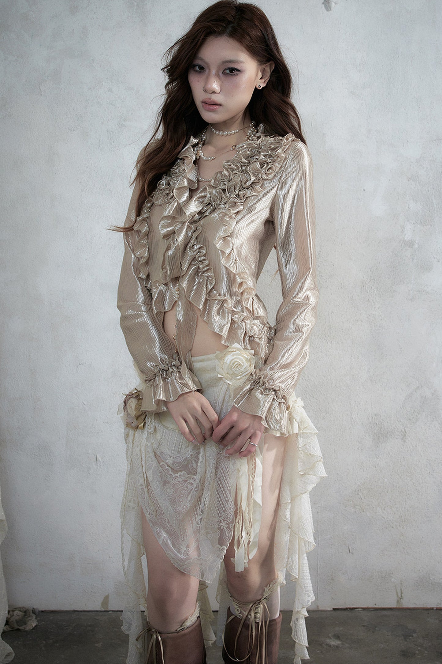 Ruffle Trim Tie Waist Long-Sleeved Blouse