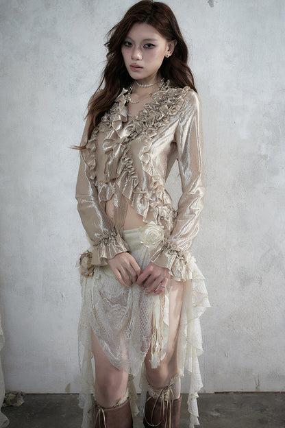 Ruffle Trim Tie Waist Long-Sleeved Blouse