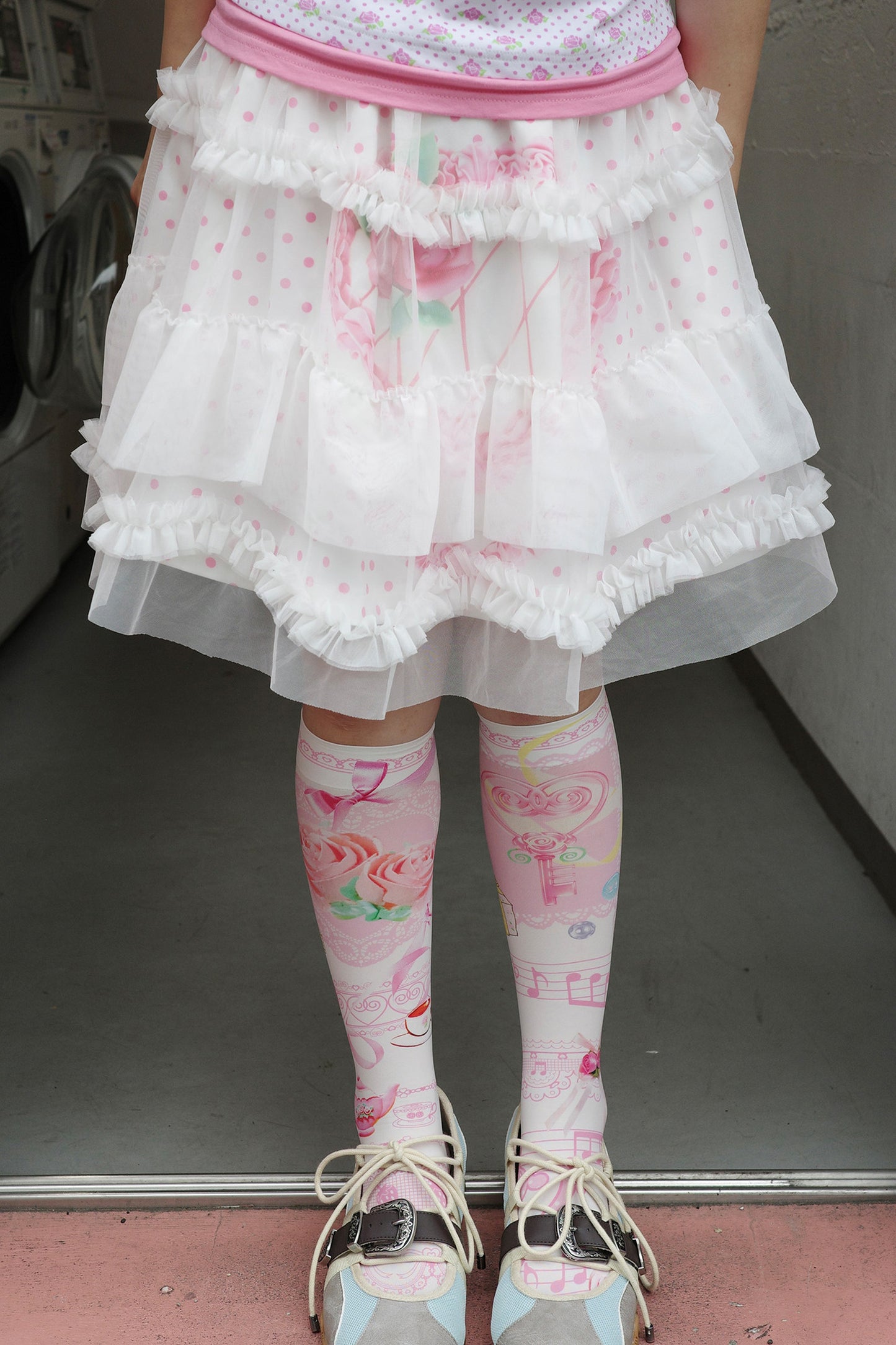 Double-Layer Double-Sided Cake Print White Gauze Skirt