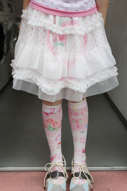 Double-Layer Double-Sided Cake Print White Gauze Skirt