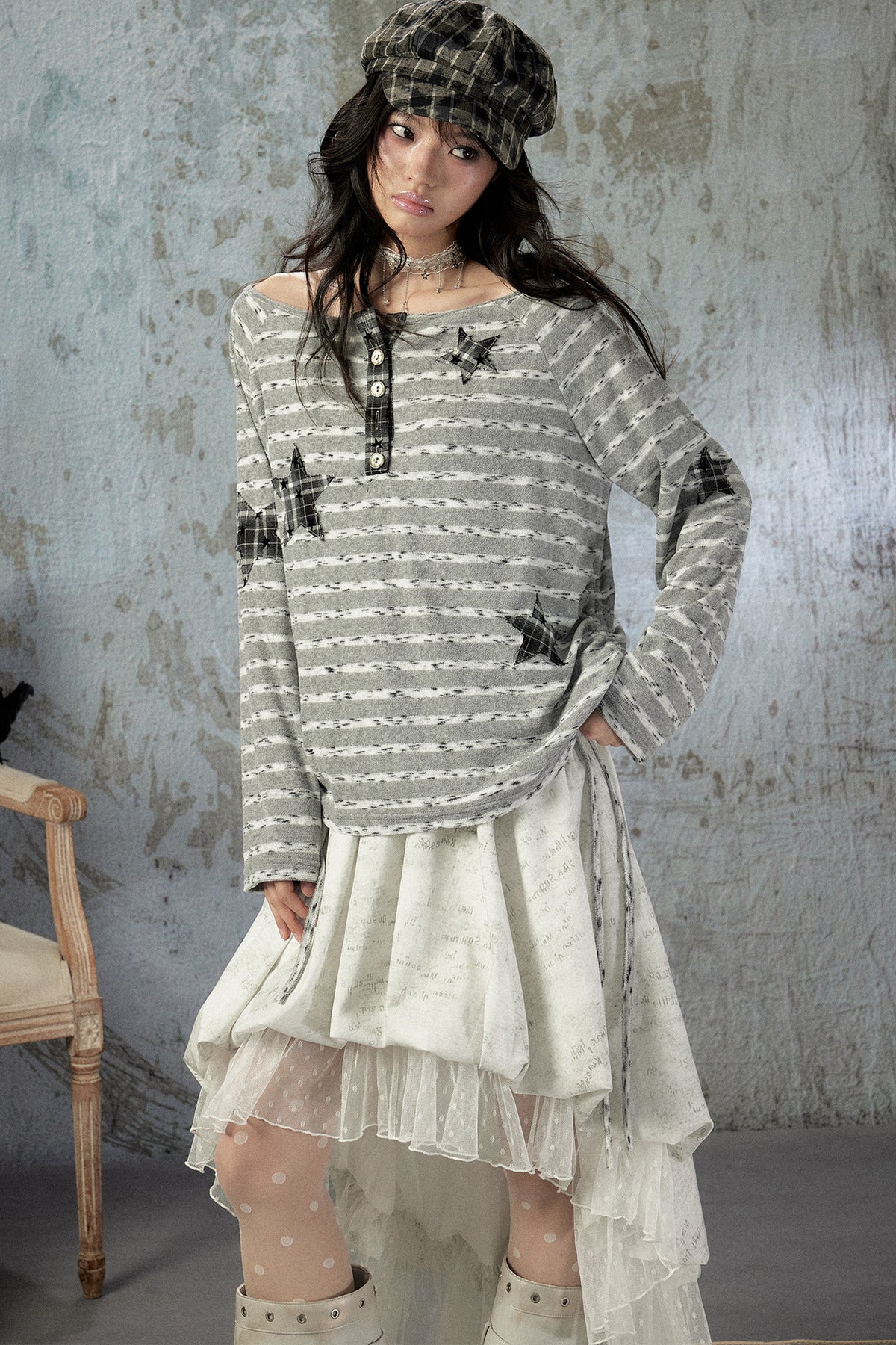 Striped Off-Shoulder Long-Sleeve T-Shirt