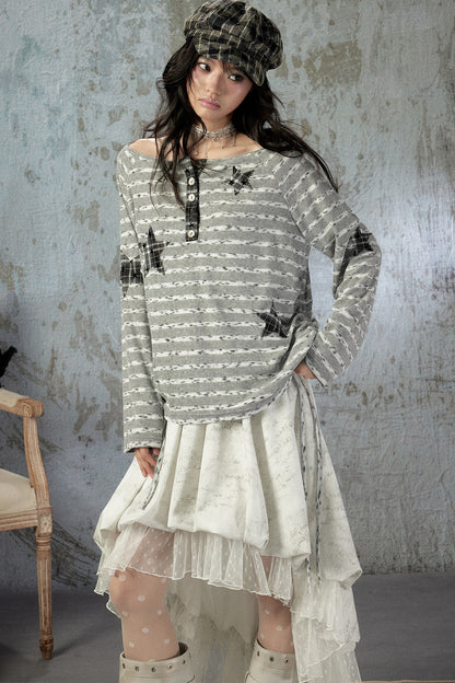 Striped Off-Shoulder Long-Sleeve T-Shirt