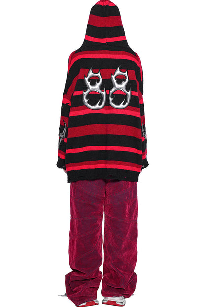 Red Black Striped Embroidered Hoodie