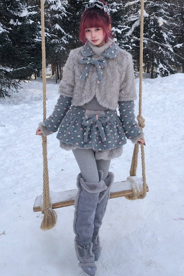 Vintage-Style Fur Patchwork Polka Dot Gray and Pink Set-Up