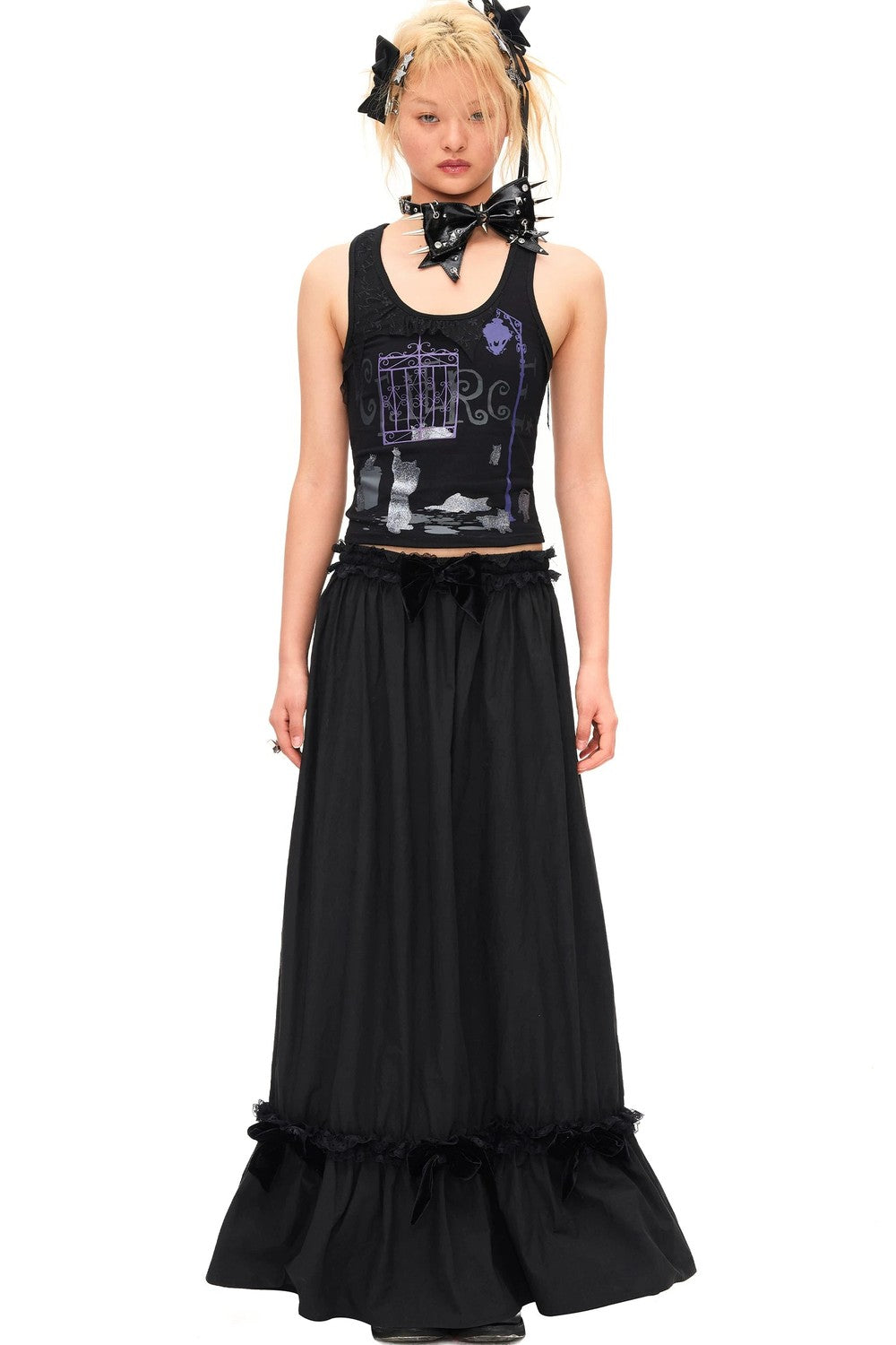 Velvet Bow Pleated Skirt