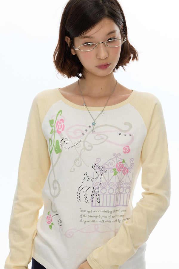 Deer Rose Print Long Sleeve Raglan Tee