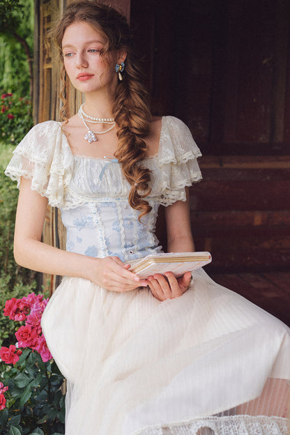 French Retro Lace Trim Top and Skirt Set-Up