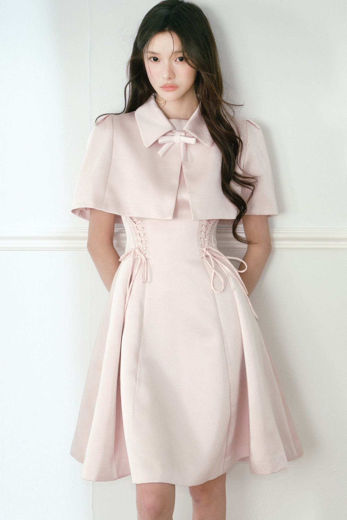 Pink Satin Cape and Waist Tie Dress Set-Up