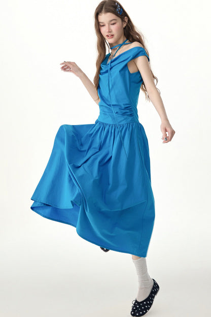 Blaues langes Kleid mit Swing-Kragen