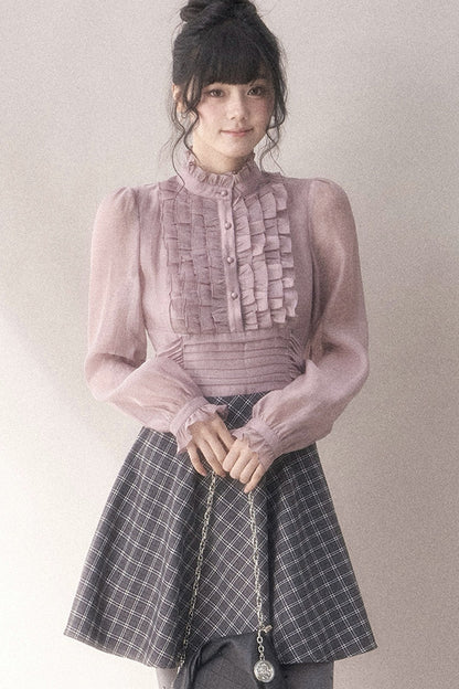 Gray-Purple Plaid Layered Pleated Stand-Collar Dress