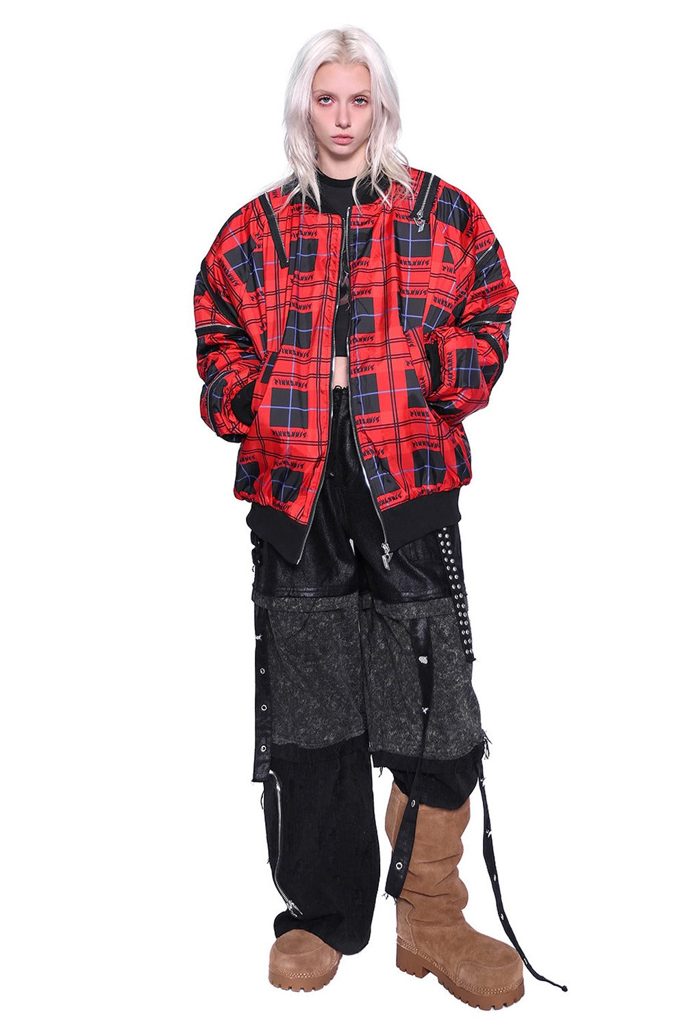 Flame Red Quilted Zipper Structure Patchwork Jacket