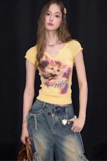 Warm Yellow Cat Print Knit T-Shirt