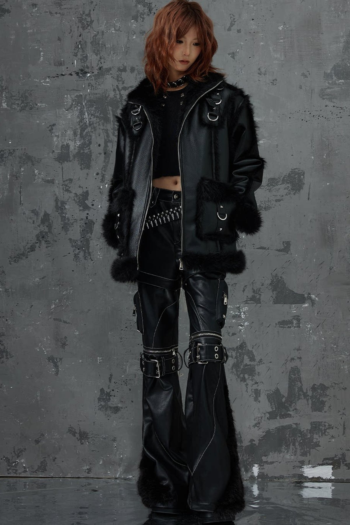 Dark Punk Metal Leather Fur Jacket