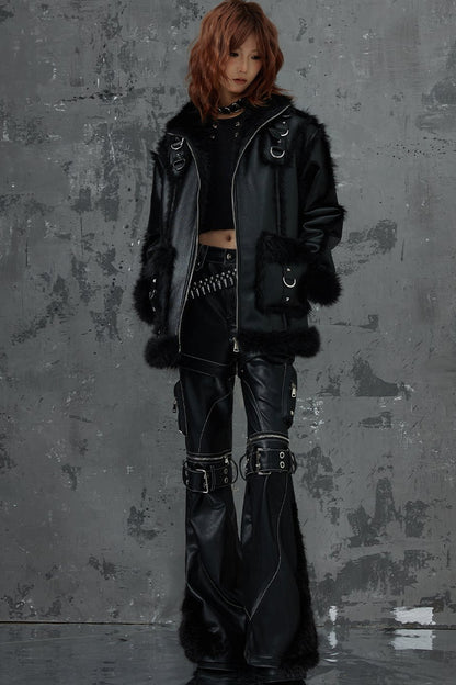 Dark Punk Metal Leather Fur Jacket