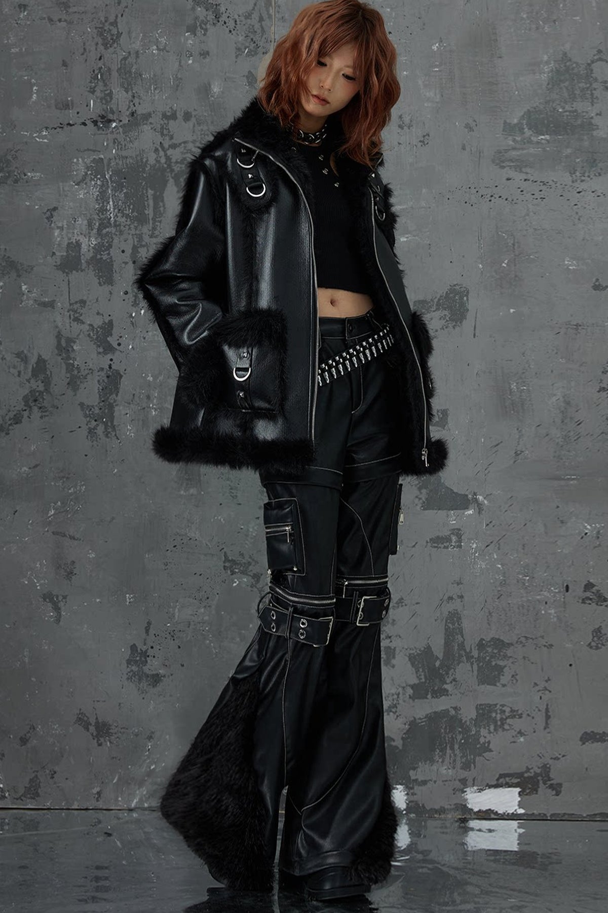 Dark Punk Metal Leather Fur Jacket