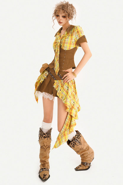 Retro Plaid Shirt and Pleated Skirt Set