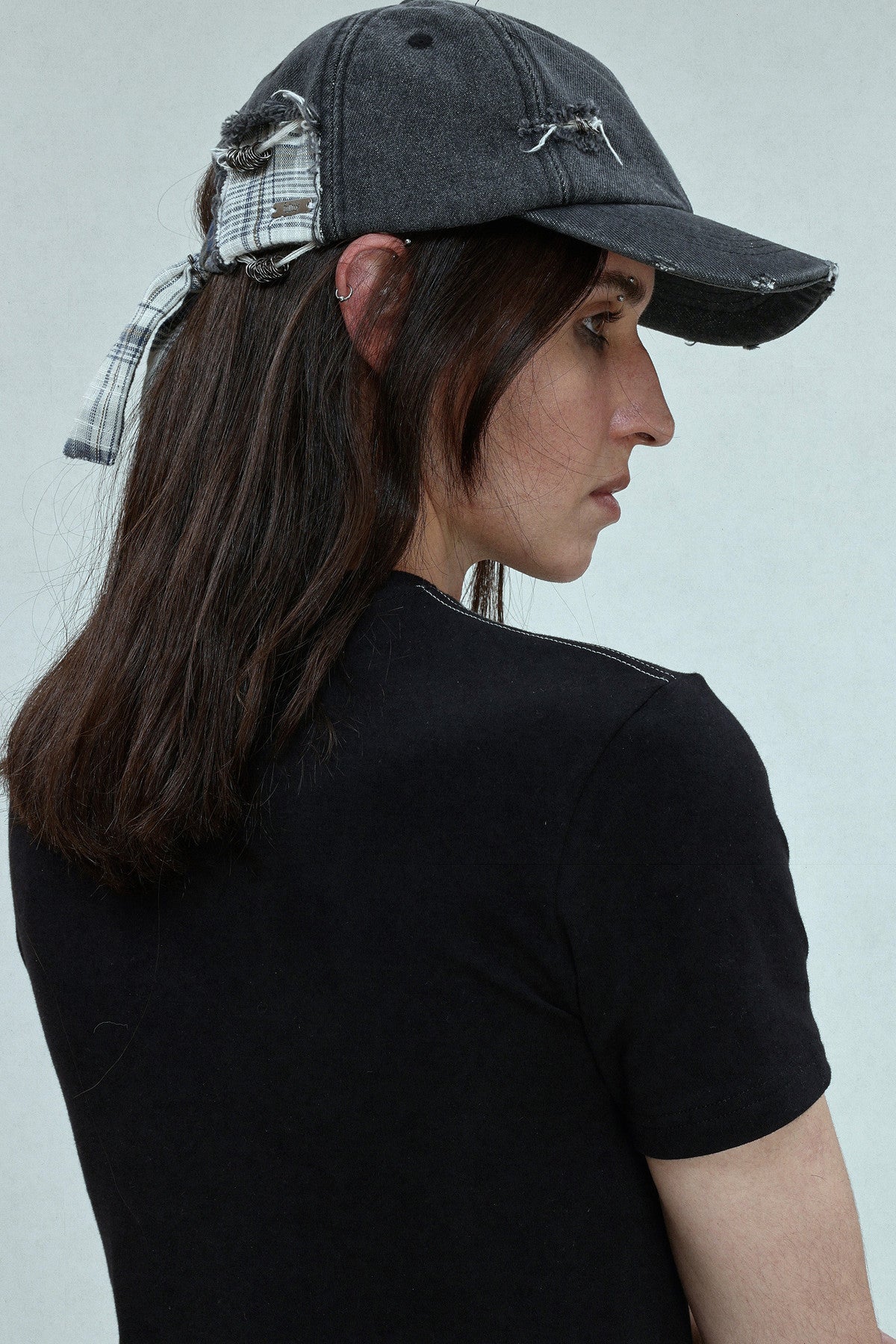 Ripped Plaid Studded Strap Baseball Cap