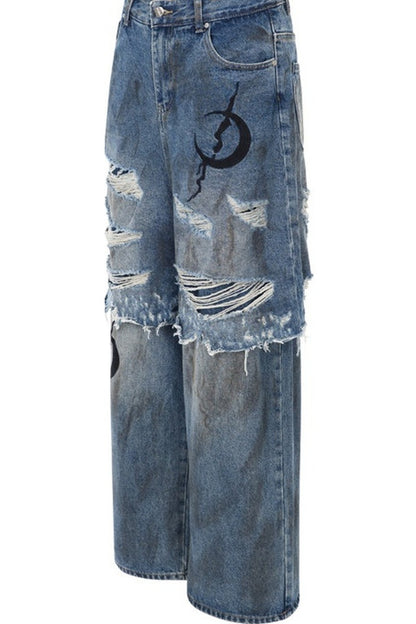 Electric Moon Distressed Double Layer Stacked Jeans