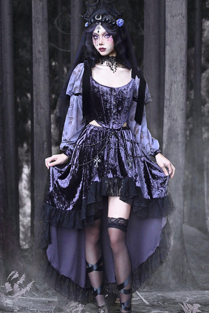 Gothic Velvet High-Low Lace Trim Skirt