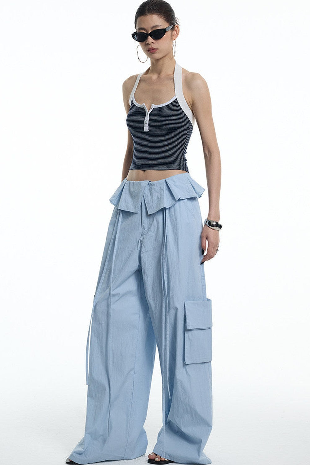 Ruffled Glacier Blue Wide-Leg Pants