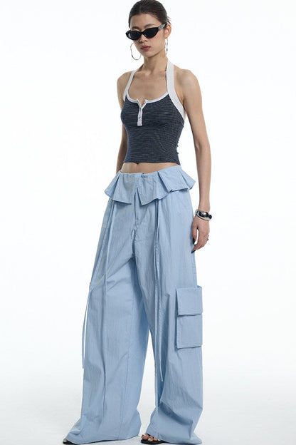 Ruffled Glacier Blue Wide-Leg Pants