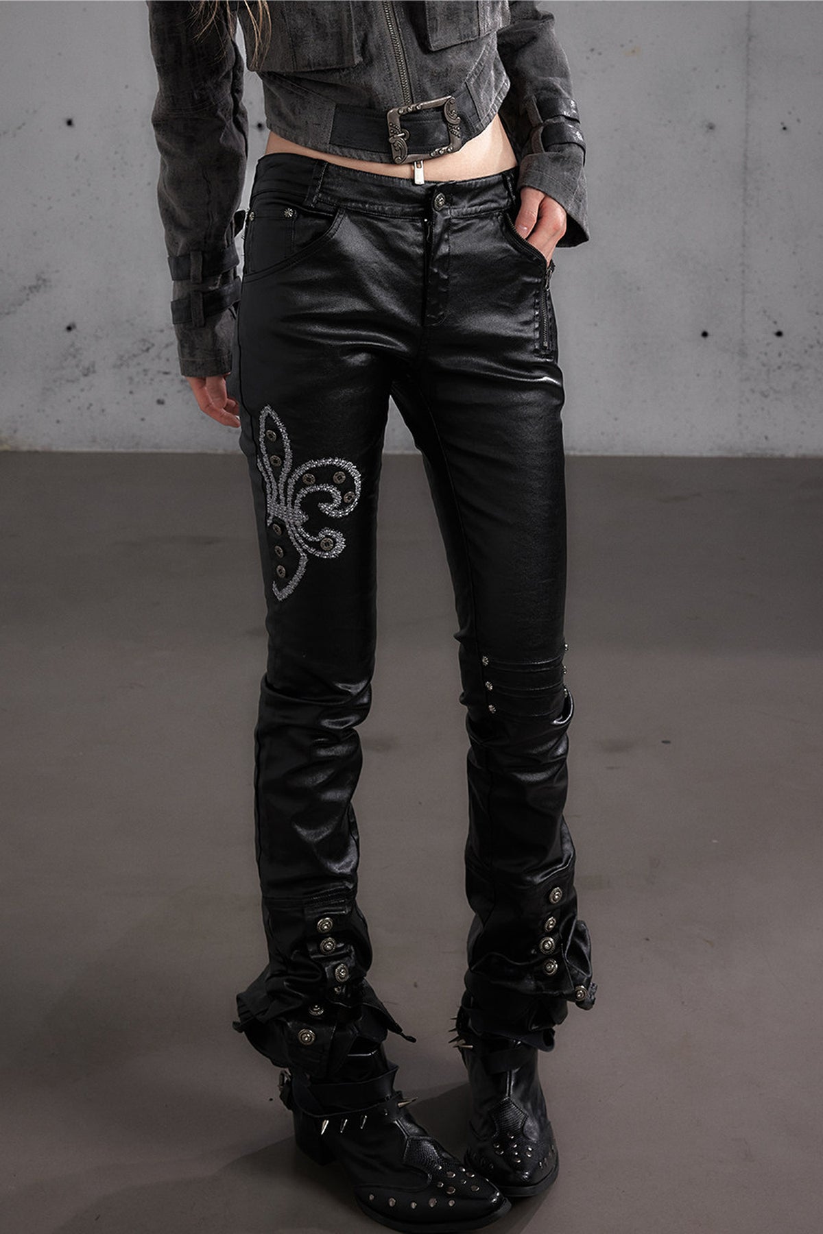 Punk Rock Embroidered Waxed Leather Pants