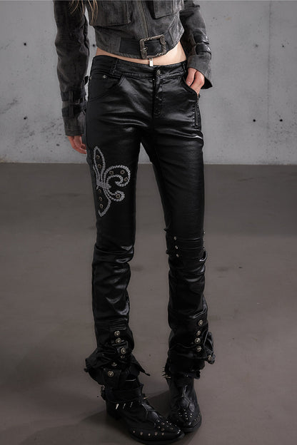 Punk Rock Embroidered Waxed Leather Pants
