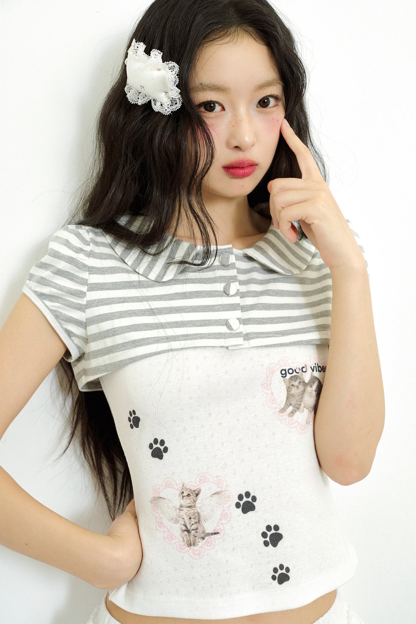 Cat Print Faux Two-Piece Knit Top