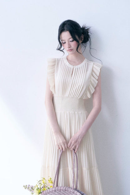 Beige Pleated Ruched Waist Dress