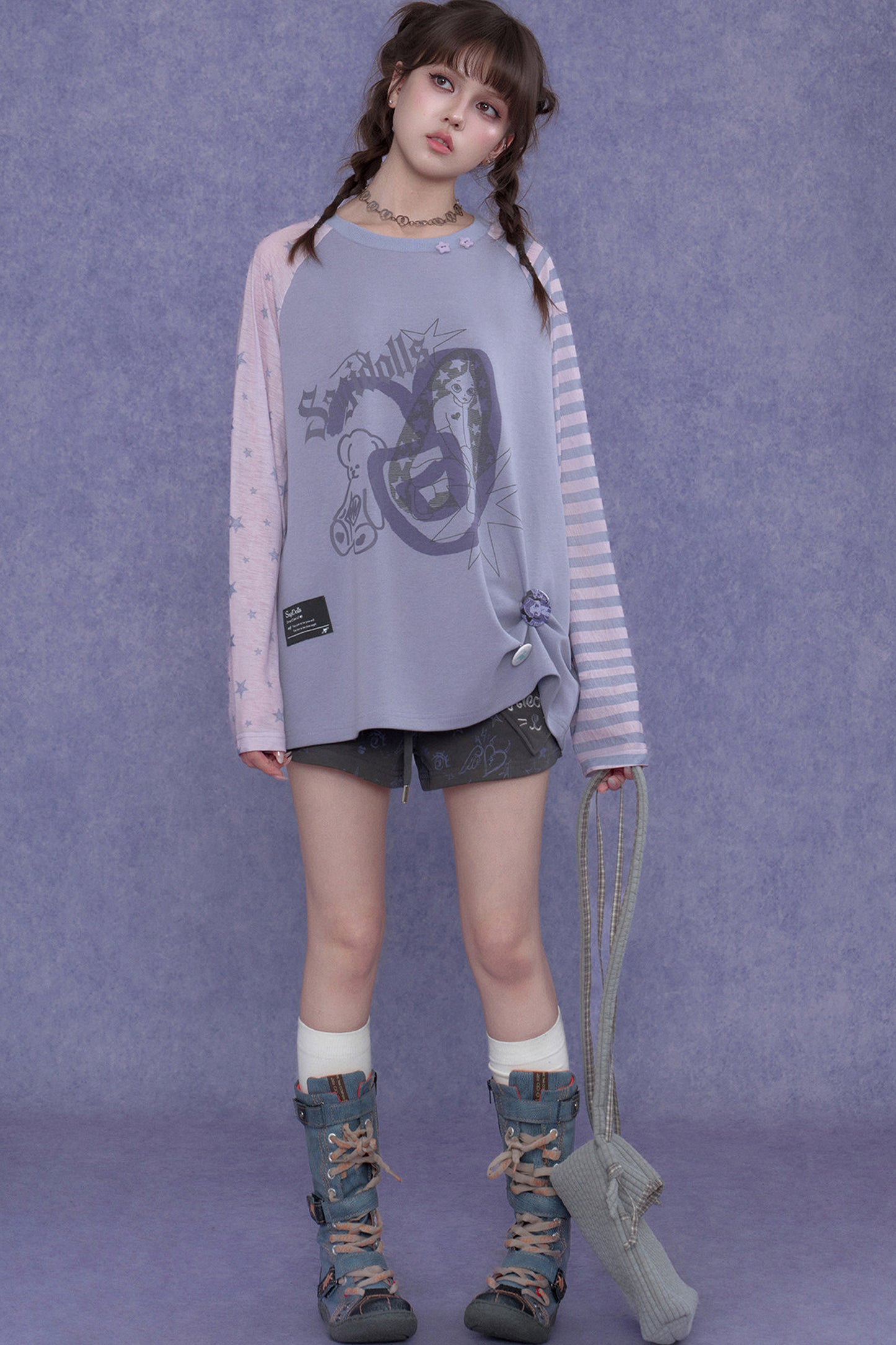 Purple Graffiti Print Raglan Blouse