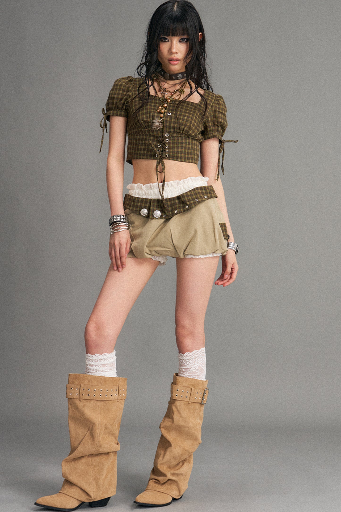 Retro Plaid Puff Sleeve Blouse