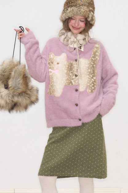 Purple Cat Patch Embroidery Cardigan