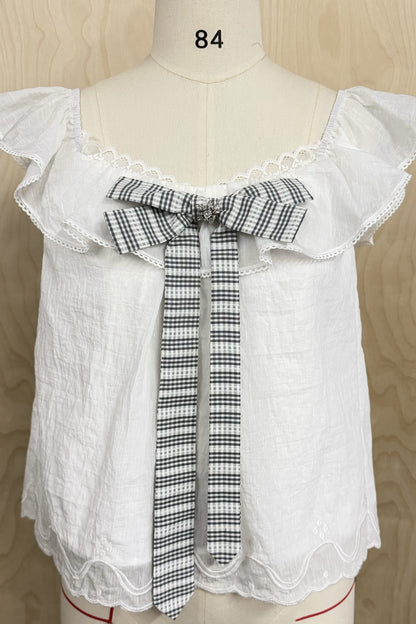 Ruffled Flutter Sleeve Plaid Bow Top