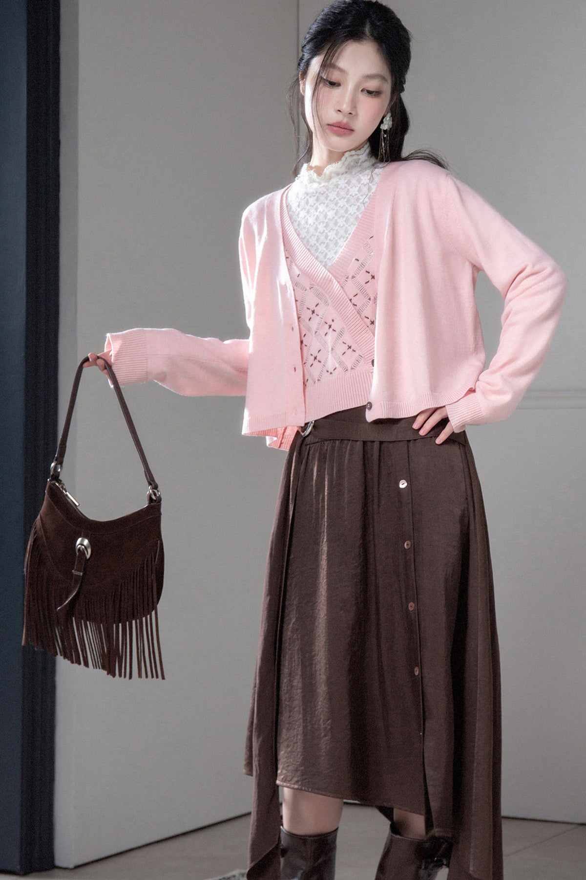 Satin Irregular Slit Hem Skirt