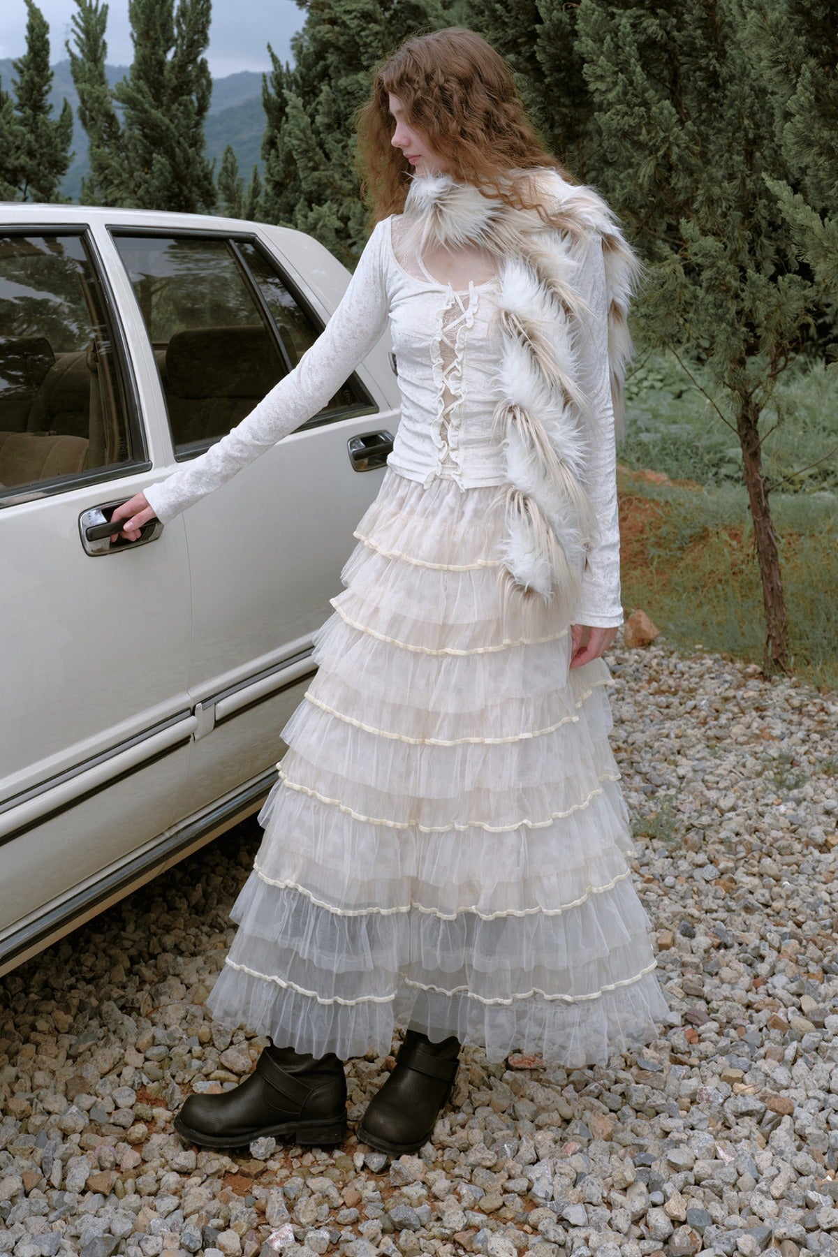 Mesh Velvet Layered Chiffon Skirt