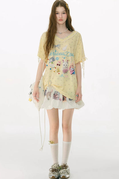 Yellow V-Neck Lace Floral T-Shirt