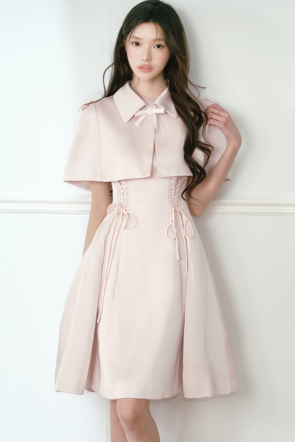 Pink Satin Cape and Waist Tie Dress Set-Up