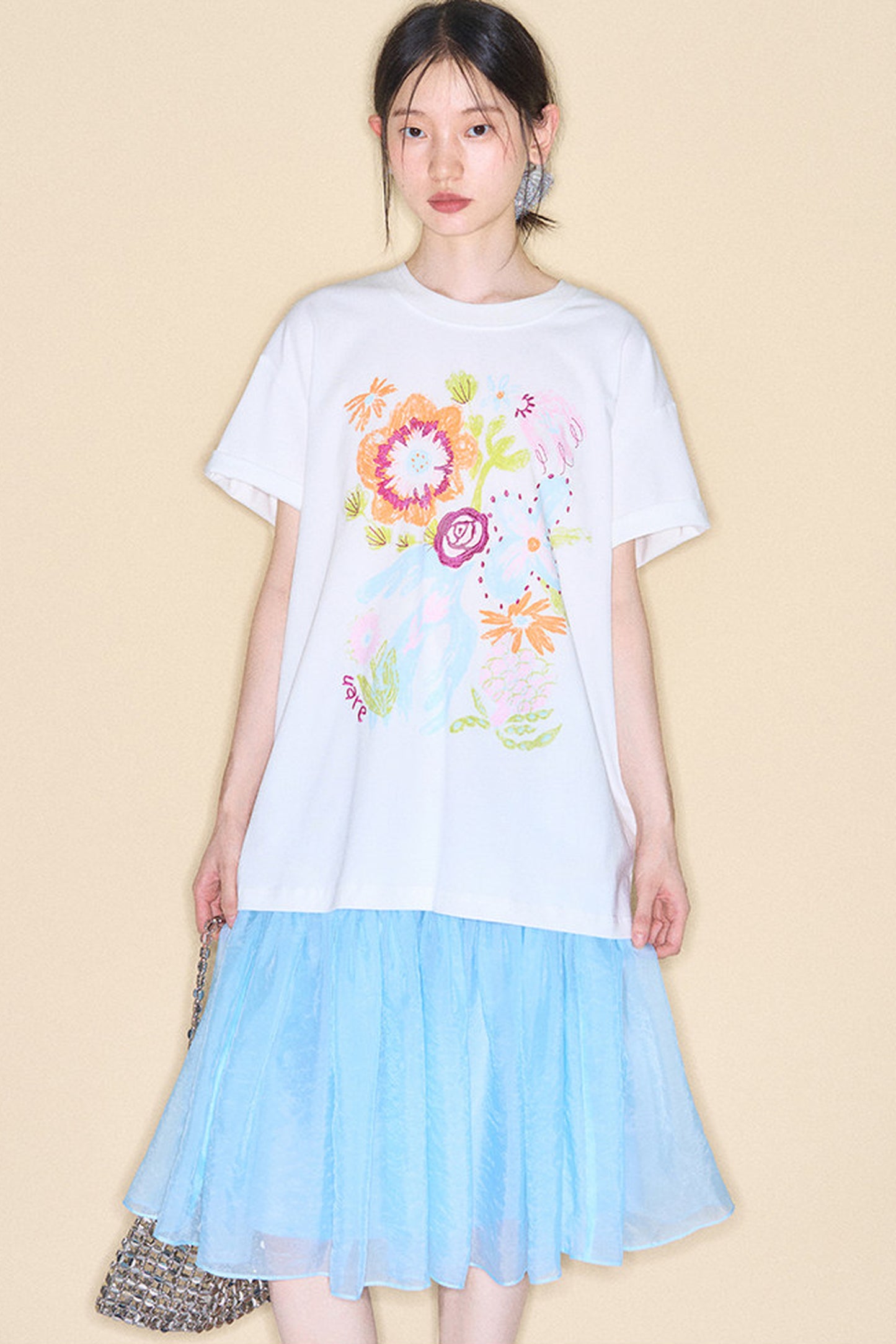Hand-Painted Floral Bird Embroidered T-Shirt