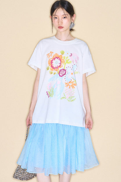 Hand-Painted Floral Bird Embroidered T-Shirt