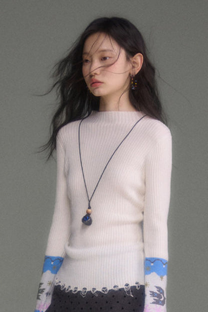 Wool Blend Bird Jacquard Knit Top
