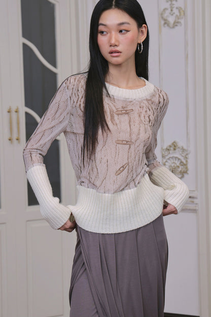 Ribbed Printed Mesh Knit Base Sweater and Skirt Set-Up