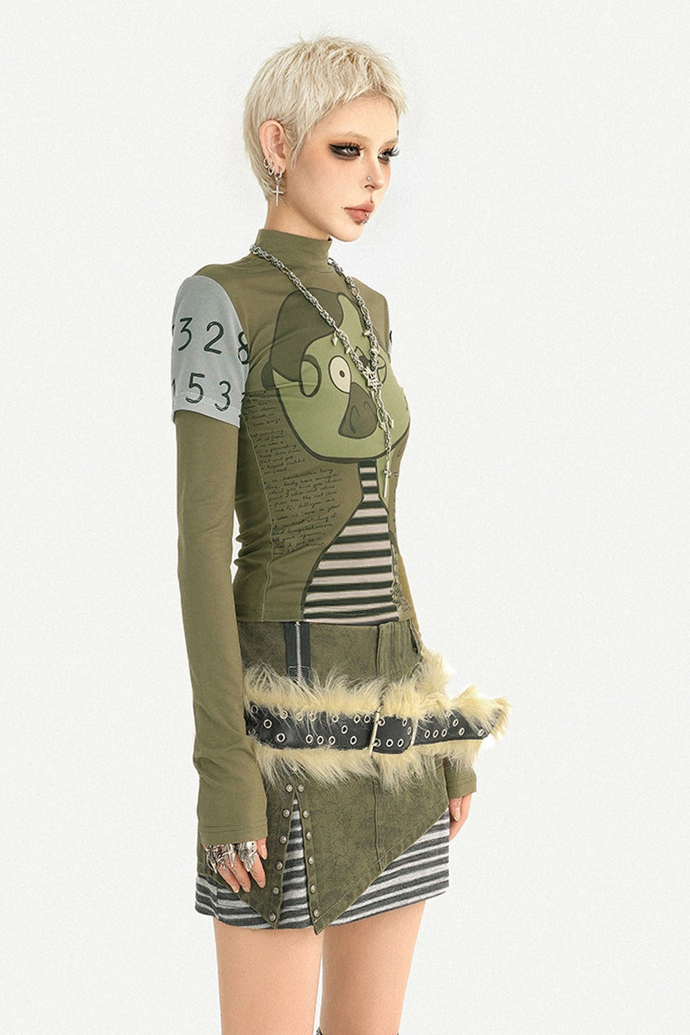 Printed Green Long-Sleeve Top and Skirt Set-Up