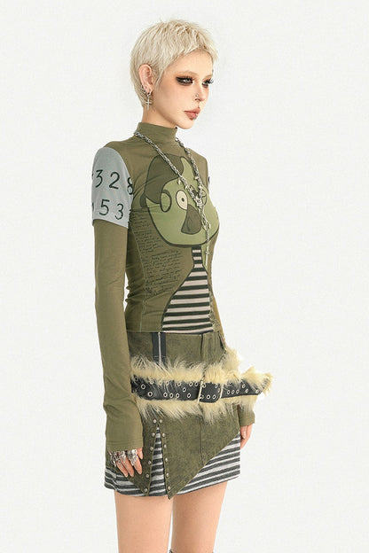 Printed Green Long-Sleeve Top and Skirt Set-Up