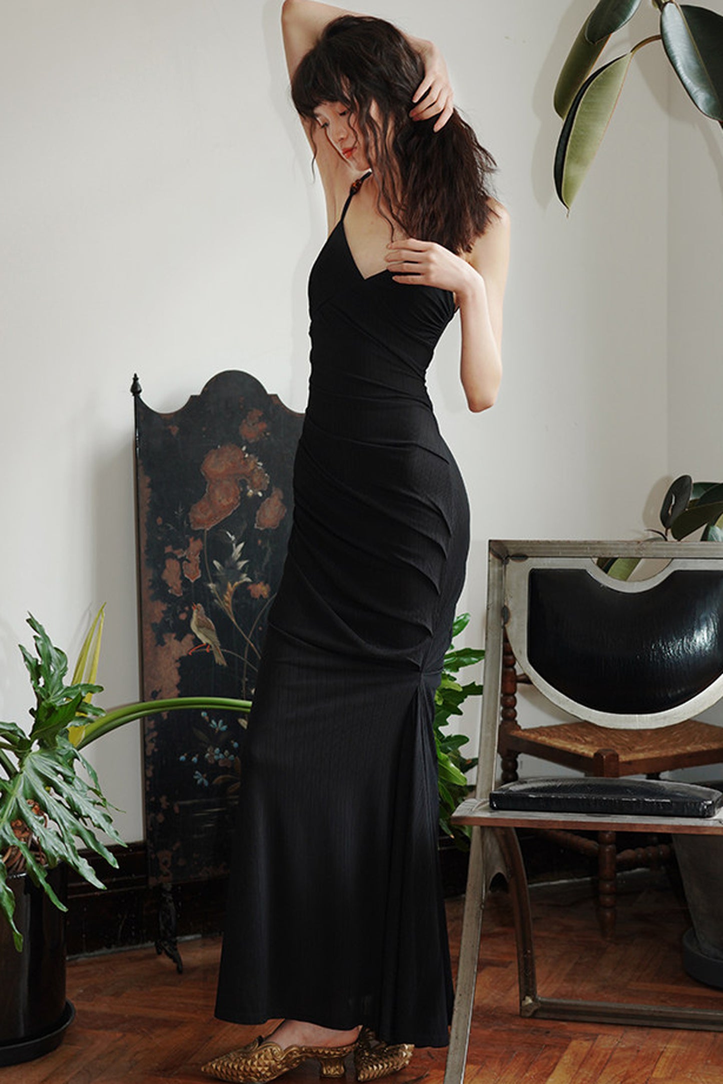 Black Ruched Strap Mermaid Dress